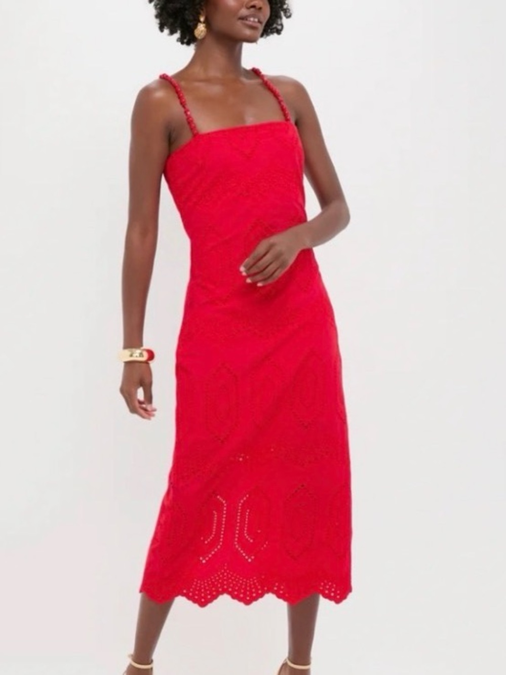 Tuckernuck Red Eyelet Midi Dress with Beaded Straps NWT